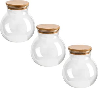 Produktbild von gouveo 3er Set Vorratsglas 1000 ml "Kugel" mit Holz-Deckel - Kugelförmige Vorratsdosen aus Borosilikatglas - Aufbewahrungsgläser