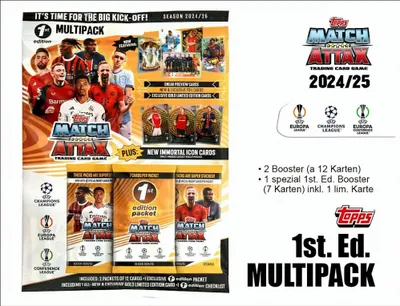 A marketing image for a Topps Match Attax multipack, featuring product shots, promotional text, and logos.