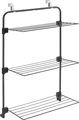 A black metal drying rack with three shelves, designed to hang over a door or railing.
