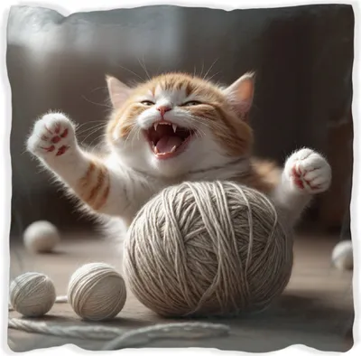 Produktbild von Wallario Premium Kissen, weiche Oberfläche, mit Motiv Katze mit Wollknäuel, Größe: 40 x 40 cm, mit weißer Rückseite