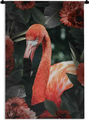 Produktbild von MuchoWow® Wandteppich Wandbehang Flamingo - Rot - Blume 90x135 cm Tapisserie Dekoration Wandtuch - Baumwolle - Wandskulptur