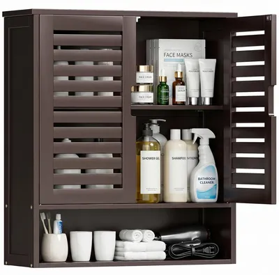 Image de Armoire de salle de bain - Armoire de rangement en bambou avec 2 portes et étagères réglables