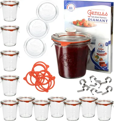 Produktbild von sada 12 sklenic Weck o objemu 290 ml, 1/5 l sklenice se skleněnými víčky, zavařovací kroužky + svorky
