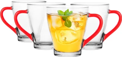 Produktbild von GLASMARK® Glasbecher 4-Set 200 ml Große (max. 280 ml) 4 Stück mit Henkel Kaffeegläser Teeglas mit mit roten Griffen Cappuccino Latte Macchiato Gläser