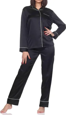 Produktbild von Normann Satin Damen Schlafanzug langarm Pyjama mit Knopfleiste und Brusttasche ; schwarz , 48