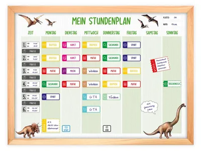 Imagen del producto de Calendario magnético de dinosaurios en verde, con 90 imanes y un bolígrafo. Planificador escolar lavable, de 40 x 30 cm