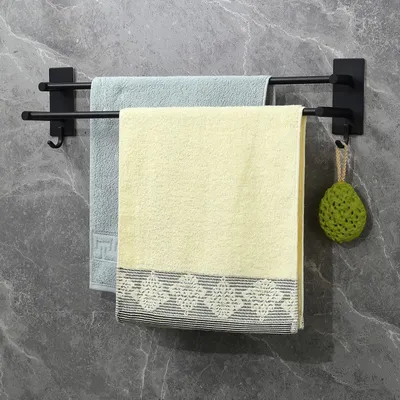 Image de Porte-serviettes mural double 60 cm, sans perçage, noir, en acier inoxydable SUS304, pour salle de bains et cuisine…