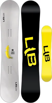 Three snowboards of different sizes are displayed side-by-side against a white background. A banana is placed on the leftmost snowboard.