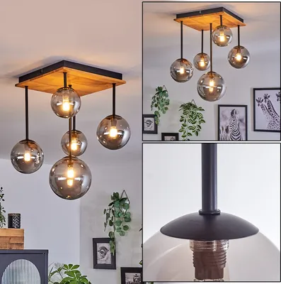 Produktbild von Isorella Deckenlampe aus Metall/Holz/Glas in Schwarz/Natur/Rauchfarben