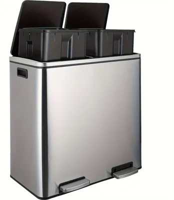 Image de Poubelle de cuisine - Poubelle - Seau à ordures - Conteneur à déchets - Bac de tri - Acier inoxydable, 60 litres - Couvercle à fermeture douce
