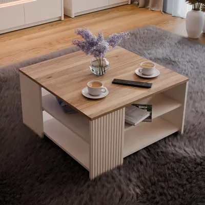Produktbild von Forte OAK SQUERE Couchtisch 80, eleganter Sofatisch mit Ablageflächen, Holzwerkstoff, Mauvella Eiche Holzdekor / Sand, 80 cm breit x 45 cm hoch x 80 cm tief