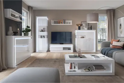 Produktbild von Modernes Wohnzimmer Komplett Set in weiß Hochglanz, 7-teilig, inkl. Beleuchtung