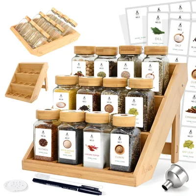 Produktbild von Gewürzgläser Set - 120 ml Glasdosen - 12 quadratische Gläser - 2-stöckiges Bambusgewürzregal - mit Etiketten - BPA-frei