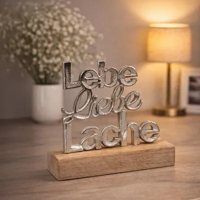 Produktbild von formano Schriftzug Lebe Liebe Lache Aluminium Mangoholz 18 cm Tischdeko Silber