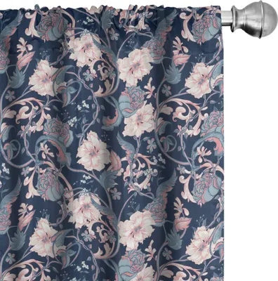 Produktbild von ABAKUHAUS viktorianisch Vorhänge, Gardinen, Weinlese-romantischer Rosen-und Magnolien-Blumenstrauß mit den Zweigen auf dunklem Hintergrund, 2 Stück 75 x 225 cm, Hellrosa Dunkelblau