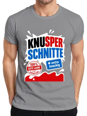 Immagine prodotto di Maglietta da uomo, colore grigio, taglia 3XL, con scritta "Knusper Schnitte Extra Knackig" e frasi divertenti