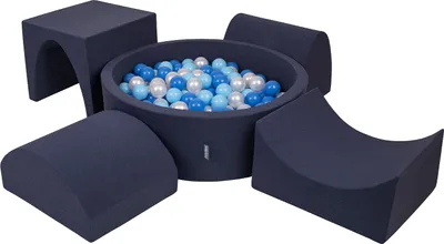 Produktbild von KiddyMoon spielplatz aus schaumstoff mit rund bällebad (300 bälle) ballgruben für babys spielbad hindernisläufen, hergestellt in der eu, dunkelblau:babyblue/blau/perle