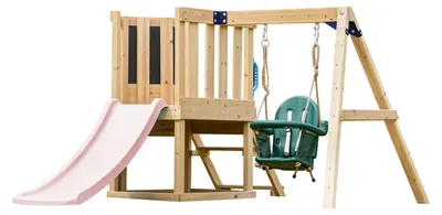 Produktbild von AXI Timo Klettergerüst aus Holz in Braun mit Rutsche in Pastellrosa | Spielturm / Spielplatz für Kinder mit Babyschaukel, Kletterwand und Tafel | Spielgerät für den Garten