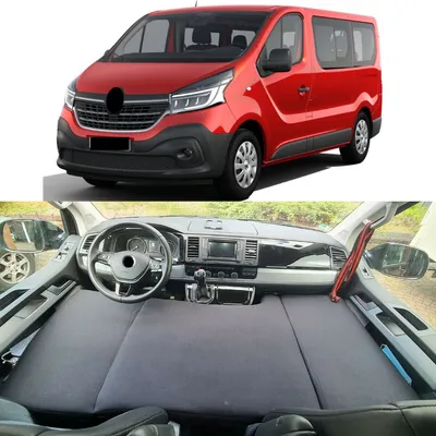 A red van and its interior with a mattress laid out.