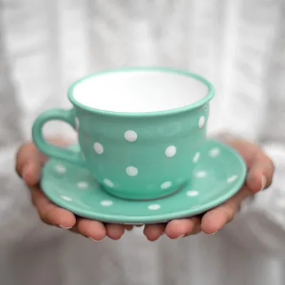 Keramik Cappuccino Tasse 350 ml, handbemalt, Tupfen