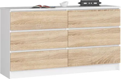 Zdjęcie produktu dla Komoda AKORD K140 Biała 138 cm 6 szuflad kolor Dąb Sonoma mat 138x40x77 cm