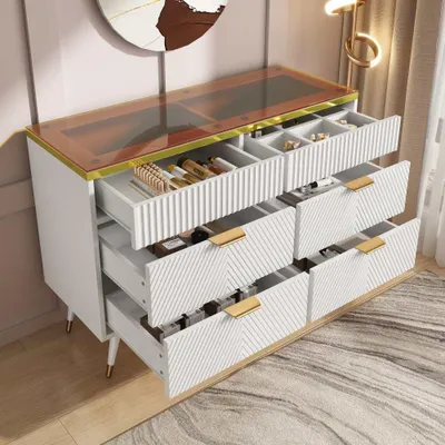Produktbild von Moderner Hochschrank mit 6 Schubladen aus Bernsteinglas, ideal für Schlafzimmer/Wohnzimmer, kippsicher und weiß, 120x40x76 cm