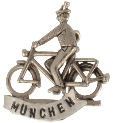 Hutanstecker Fahrradfahrer mit "München"-Schriftzug von Hut-Breiter in silber