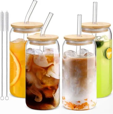 Produktbild von Famanu Trinkglas Set mit Deckel und Strohhalm - 4er Set - Cocktail- und Longdrinkgläser