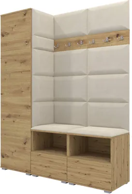 Produktbild von Garderoben-Set Nela II, Polstergarderobe mit zwei Schuhschränke, Flurmöbel mit Hochschrank (Farbe: Artisan Eiche + Trinity 01 (Creme))