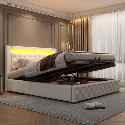 Flieks Polsterbett mit Stauraum und Lattenrost, Boxspringbett 140x200cm Doppelbett mit Led, Stauraumbett Funktionsbett, weiß