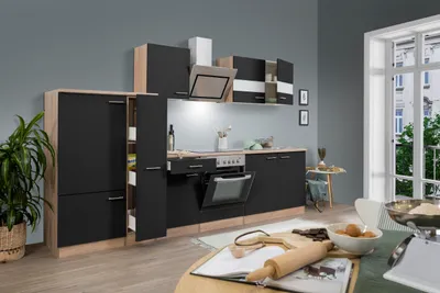 Produktbild von Küche Küchenzeile Leerblock Einbauküche Eiche Schwarz Merle 300 cm Respekta