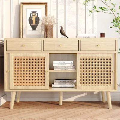 Produktbild von Sideboard Sideboard,Kommode mit 3 Schubladen und 3 Schiebetüren,Rattangeflecht auf den Türfronten, Beine aus massivem Holz,Golden Metall Bügelgriff