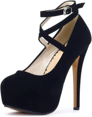 Productafbeelding van Dames pumps met dunne hak van 14 cm, verborgen plateau van 4 cm en gesp aan de enkel, zwart