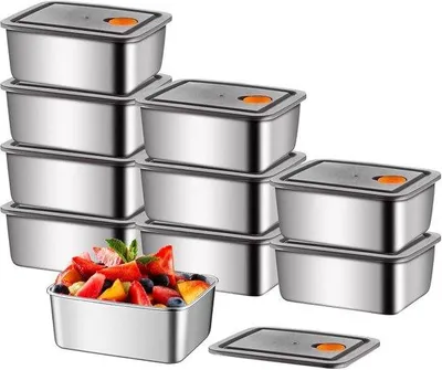 Immagine prodotto di Set di 10 contenitori in acciaio inossidabile da 850 ml – A tenuta ermetica e impilabili – Contenitori per la preparazione dei pasti – Lavabili in lavastoviglie e adatti al congelatore