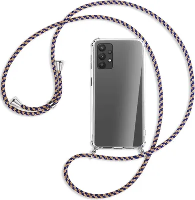 Produktbild von Handykette Backcover-Schutzhülle mit Band (Metall silberfarben) für Samsung Galaxy A32 4G (A325) - blau+beige