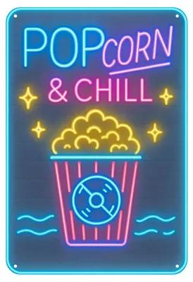 Produktbild von Blechschild 20x30cm Popcorn and Chill Neon Style Metallschild Kino Motiv Wanddeko Heimkino Filmabend Popcorn Bar AstraDesign