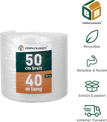 Immagine prodotto di 8 x pluriball (0,5 x 40 m) a 2 strati 100 my Bolle grandi Pellicola per la spedizione Imballaggio per cuscini Pellicola pop Trasporto Imballaggio BB