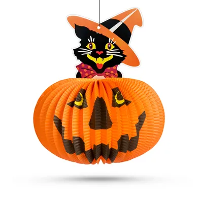 Obrázok produktu pre Halloweensky tekvicový lampión - s figúrkou ducha - zavesiteľný - 26 cm