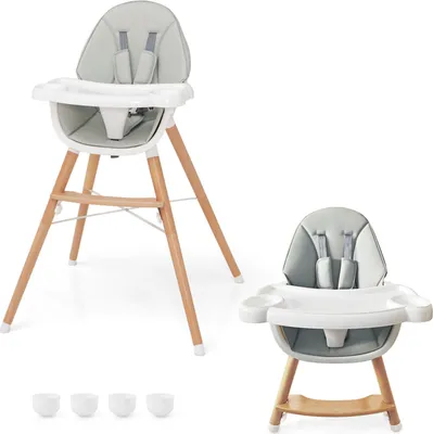 Produktbild von COSTWAY 2 in 1 Babyhochstuhl, Hochstuhl aus Buchenholz mit 5-Punkt-Sicherheitsgurt, abnehmbarem Doppeltablett & Sitzkissen, Babystuhl Kinderhochstuhl für 6-36 Monaten Baby, 15 kg Belastbar (Grau)