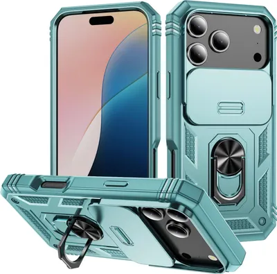 Produktbild von iPhone 17 Pro Hülle, Schiebe Kamera Schutz Stoßfest Schutzhülle mit Ringhalterung Ständer für iPhone 17 Pro Grün