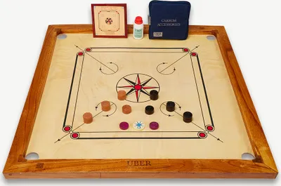 Produktbild von Carrom Board Set - Komplettes Spiel - 7 KG - 74 x 74cm - ECO Hartholz Indien hergestellt - Ohne Tisch und Tragetachse