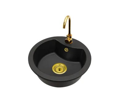 Produktbild von Granit Küchenspüle rund 1 Becken MILA Set mit Armatur BETA Gold und goldenem Siphon Einbauspüle Komplettset