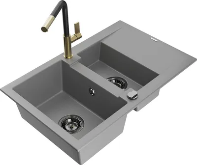 Produktbild von Mexen Gaspar 1,5-Becken-Granitspüle mit Abtropffläche und Mischbatterie Flora, Grau - 6507-71-670401-57-B
