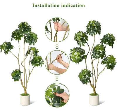 Produktbild von Künstlicher Schefflera Baum - Kunstpflanze für innen - 150 cm - Naturgetreuer Holzstamm - Große Deko Zimmerpflanze für Wohnzimmer und Büro - Grün