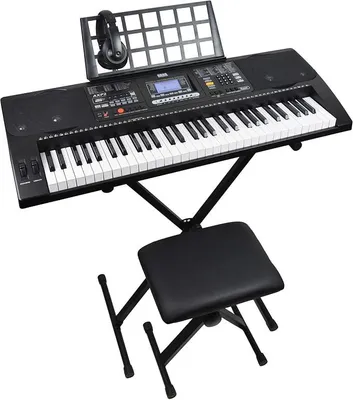 Produktbild von mit elektronischem Keyboard-Piano, 61 „Hammermechanik“-Tasten mit Anschlagdynamik, dazu ein Ständer, ein Hocker, ein Kopfhörer, ein Netzteil und ein Notenständer