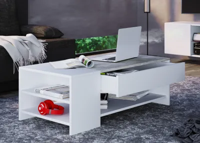 Produktbild von Tindus Couchtisch 1 Schublade, 3 Regale weiß/Beton-Optik.