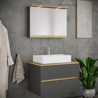 Produktbild von VCM 3-tlg. Waschtisch Set mit Keramikbecken, Badschrank mit 2 Softclose-Schubladen, Spiegelschrank mit Beleuchtung und Steckdose, Maße Unterschrank H. 51 x B. 80 x T. 51 cm, Cosila-A