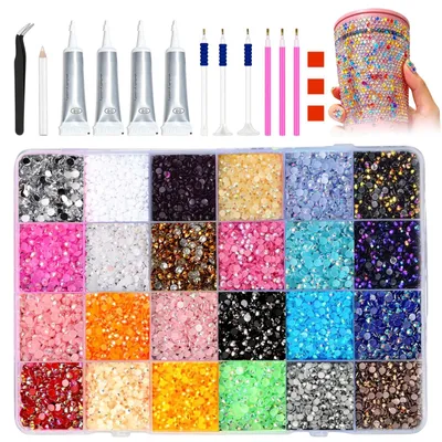 Glitzersteine 24 Farben, Bastelset mit Kleber, Pinzette, Stiften