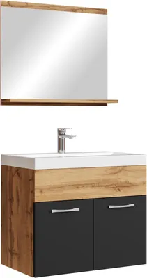 Immagine prodotto di Set completo di mobili da bagno Badmöbel Montreal 02 60 x 35 cm rovere con nero opaco - Mobili da bagno con lavabo e specchio