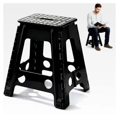 Produktbild von 45 cm Klappbarer Tritthocker Schwarz, Faltbarer Hocker mit 150 kg Tragkraft, Rutschfeste Oberfläche & Tragegriff, Platzsparend für Bad und Wohnzimmer